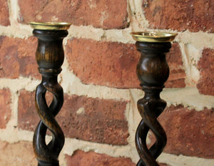 PAIR Antique English Oak Open Barley Twist Candlesticks Candle Holders TALL FS