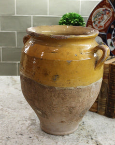 LARGE Antique French Country Confit Pot Jar Pottery Gold Yellow Glazed #1 12" T