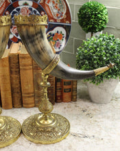 Load image into Gallery viewer, Antique French PAIR Trophy Drinking Horns Hunt Epergne Renaissance Brass Statue