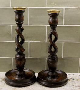 PAIR Antique English Oak Open Barley Twist Candlesticks Candle Holders TALL FS