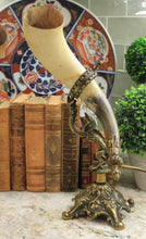 Load image into Gallery viewer, Antique French PAIR Trophy Drinking Horns Hunt Brass Renaissance DRAGONS Statue