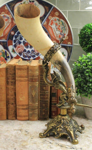 Antique French PAIR Trophy Drinking Horns Hunt Brass Renaissance DRAGONS Statue