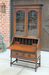 Antique English Secretary Desk Bookcase Fall Front Stained Glass BarleyTwist Oak