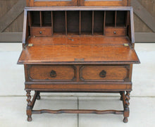 Load image into Gallery viewer, Antique English Secretary Desk Bookcase Fall Front Stained Glass BarleyTwist Oak