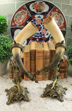 Load image into Gallery viewer, Antique French PAIR Trophy Drinking Horns Hunt Brass Renaissance DRAGONS Statue