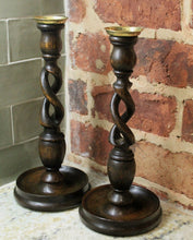 Load image into Gallery viewer, PAIR Antique English Oak Open Barley Twist Candlesticks Candle Holders TALL FS