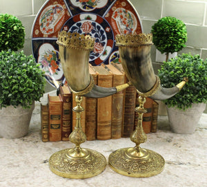 Antique French PAIR Trophy Drinking Horns Hunt Epergne Renaissance Brass Statue