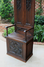 Load image into Gallery viewer, Antique French Carved Oak HALL SEAT MONK&#39;S BENCH Throne Chair Canopy TALL 19th C