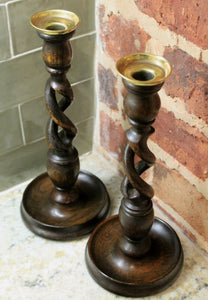 PAIR Antique English Oak Open Barley Twist Candlesticks Candle Holders TALL FS