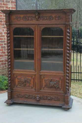 Antique French Barley Twist Bookcase Oak Cabinet w Drawer Renaissance Revival