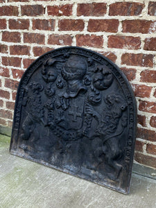 Antique French Cast Iron Fireback Fireplace Hearth Heraldic Knights Lions 18th C