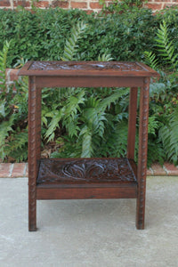 Antique English Oak End Table 2-Tier Highly Carved Trees Vines Side Table