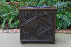 Antique English Blanket Chest Box Coffer Trunk End Table CARVED Oak 19thC Petite