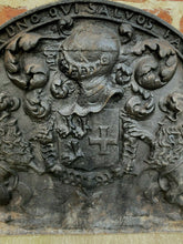 Load image into Gallery viewer, Antique French Cast Iron Fireback Fireplace Hearth Heraldic Knights Lions 18th C