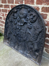 Load image into Gallery viewer, Antique French Cast Iron Fireback Fireplace Hearth Heraldic Knights Lions 18th C