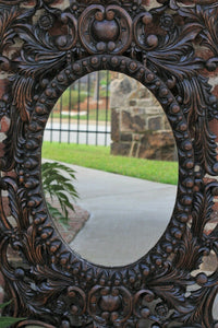 Antique French Mirror Highly Carved Oak Acanthus Cartouche Framed Oval Mirror
