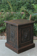 Load image into Gallery viewer, Antique English Coal Hod Scuttle Hearth Fireplace End Table Carved Oak 19th C