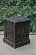 Load image into Gallery viewer, Antique English Coal Hod Scuttle Fireplace Hearth Carved Oak End Table 19th C