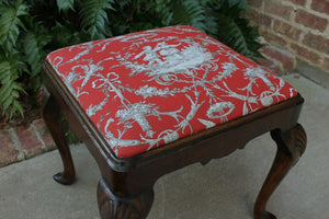 Antique French Bench Foot Stool Red Toile Upholstery Vanity Stool Walnut