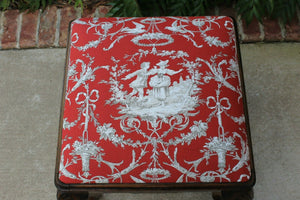 Antique French Bench Foot Stool Red Toile Upholstery Vanity Stool Walnut