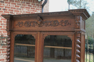 Antique French Barley Twist Bookcase Oak Cabinet w Drawer Renaissance Revival