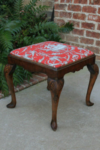 Antique French Bench Foot Stool Red Toile Upholstery Vanity Stool Walnut