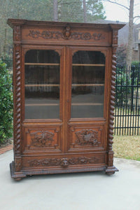 Antique French Barley Twist Bookcase Oak Cabinet w Drawer Renaissance Revival