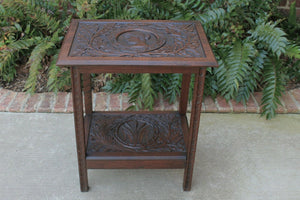 Antique English Oak End Table 2-Tier Highly Carved Trees Vines Side Table