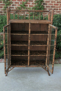 Antique English Tortoise Bamboo Lacquer Chinoiserie Bookcase Display Cabinet