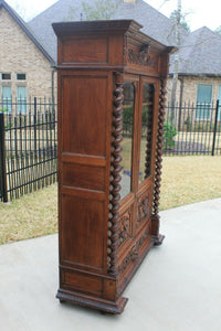 Antique French Barley Twist Bookcase Oak Cabinet w Drawer Renaissance Revival