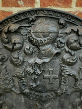 Load image into Gallery viewer, Antique French Cast Iron Fireback Fireplace Hearth Heraldic Knights Lions 18th C