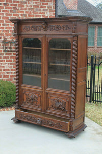 Antique French Barley Twist Bookcase Oak Cabinet w Drawer Renaissance Revival