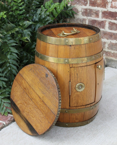 Antique English Oak Brass Banded Barrel Bar Wine Liquor Cabinet Pub Decanter