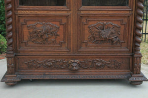 Antique French Barley Twist Bookcase Oak Cabinet w Drawer Renaissance Revival