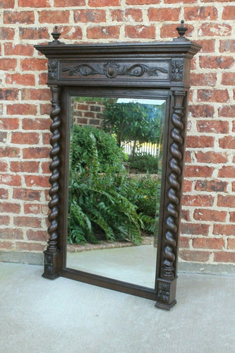 LARGE Antique English Oak Mirror BARLEY TWIST Beveled Wall Pier Mantel Mirror