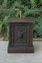 Load image into Gallery viewer, Antique English Coal Hod Scuttle Hearth Fireplace End Table Carved Oak 19th C