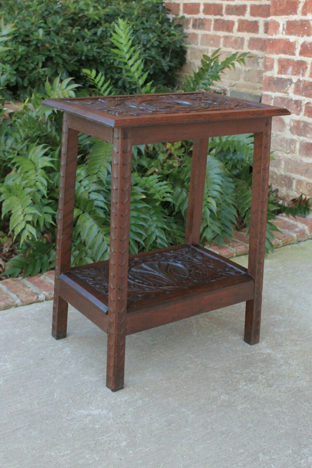 Antique English Oak End Table 2-Tier Highly Carved Trees Vines Side Table