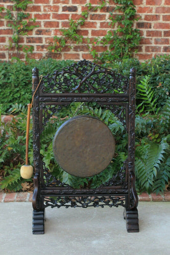 Antique Carved Rosewood DINNER GONG Asian 19th Century w Striker Victorian Era