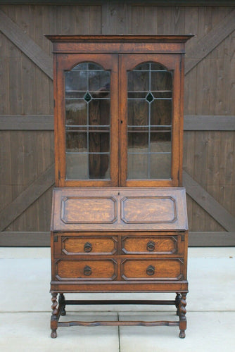 Antique English Secretary Desk Bookcase Fall Front Stained Glass BarleyTwist Oak