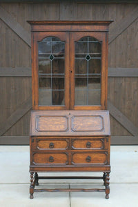 Antique English Secretary Desk Bookcase Fall Front Stained Glass BarleyTwist Oak