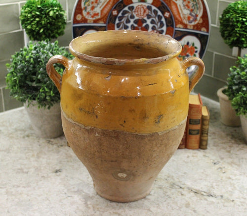 LARGE Antique French Country Confit Pot Jar Pottery Gold Yellow Glazed #1 12