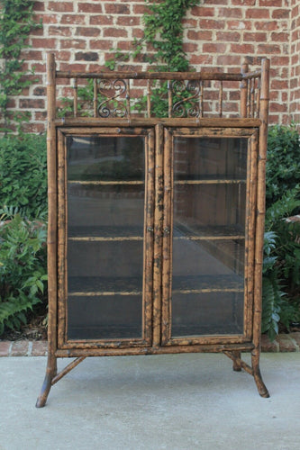 Antique English Tortoise Bamboo Lacquer Chinoiserie Bookcase Display Cabinet