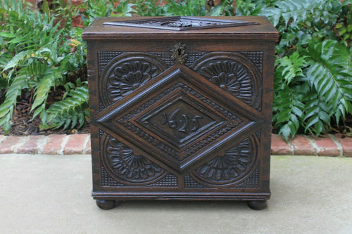 Antique English Blanket Chest Box Coffer Trunk End Table CARVED Oak 19thC Petite
