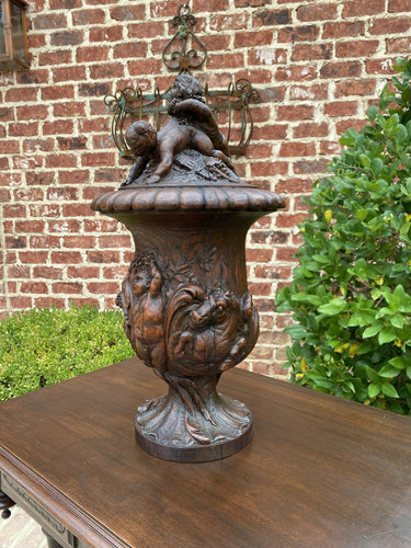 Antique French Urn Oak Cherubs Putti HIGHLY CARVED Hippocamp 19th C. 20.5